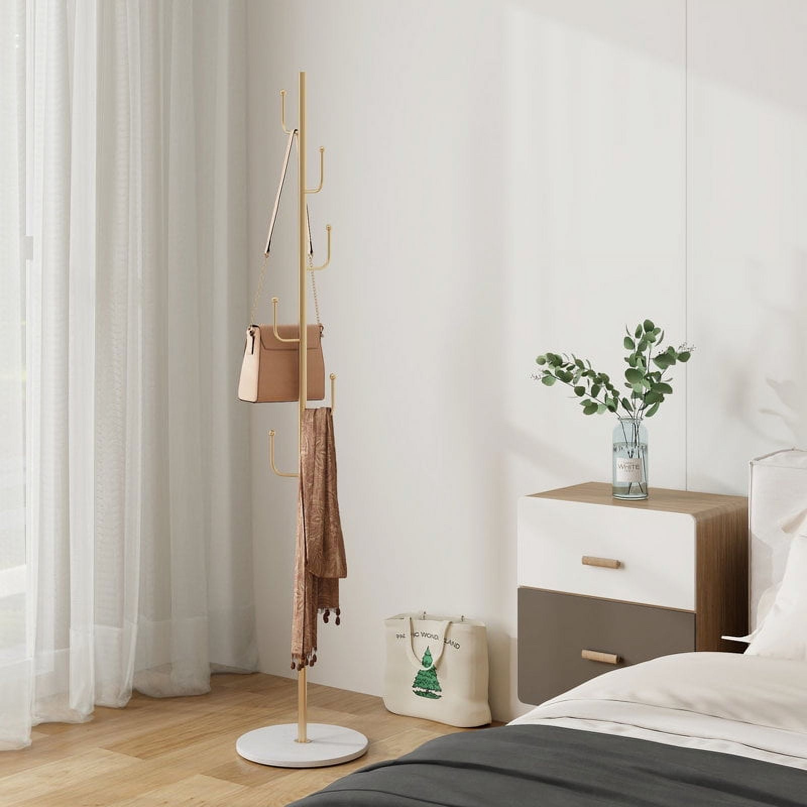 Abble Coat Rack 6 Hooks 64.5 in Freestanding Metal Coat Rack Coat and Hat Hanger Organizer Rack Garment Stand with White Stone Base for Home, Office, Entryway, Hallway, Gold