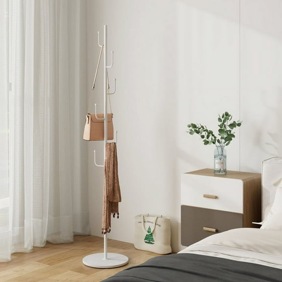 Abble Coat Rack 6 Hooks 64.5 in Freestanding Metal Coat Rack Coat and Hat Hanger Organizer Rack Garment Stand with White Stone Base for Home, Office, Entryway, Hallway, White