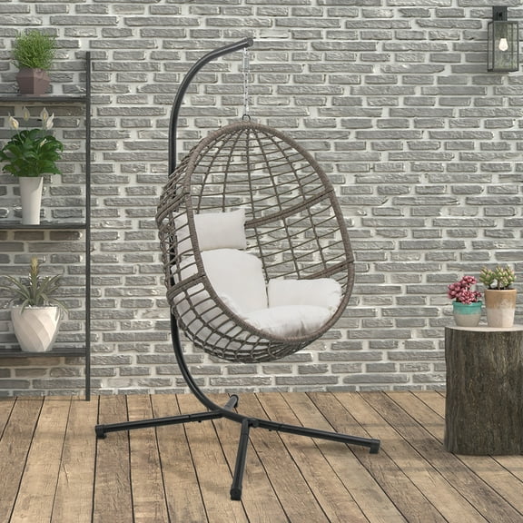 Abble Indoor Outdoor Wicker Hanging Egg Chair with Stand, Gray Swing Chair with White Cushion