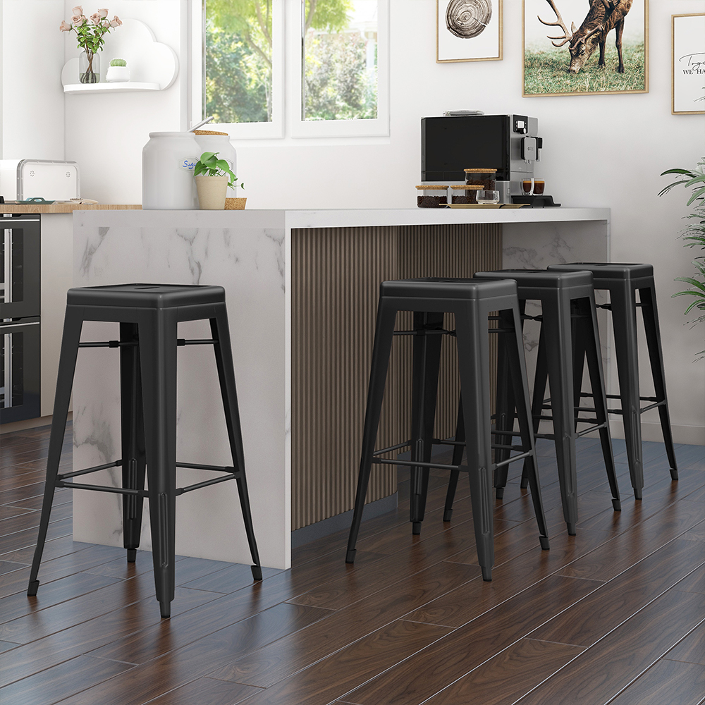 Abble Industrial Style 30" Matte Black Backless Square Seat Metal Bar Stool( Set of 4)