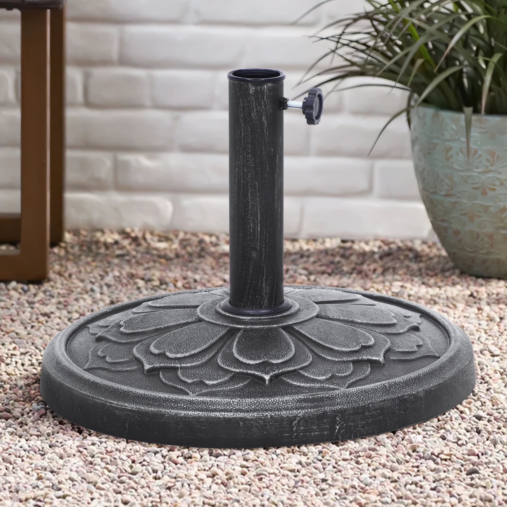 Abble 27 lbs. Lotus Design Umbrella Base Outdoor Market Umbrella Stand in Antique Silver