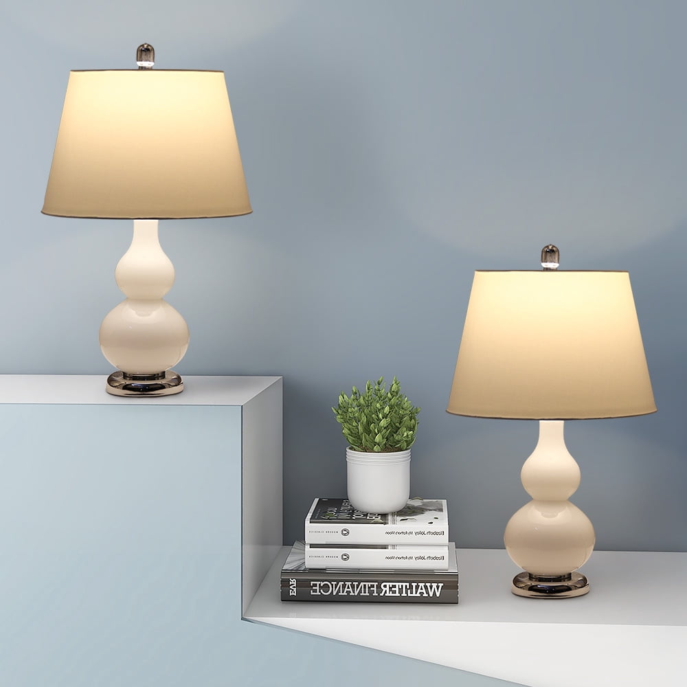 Abble Modern 2pcs Table Lamps Set with Beige Lamp Shade for Living Room and Bedroom -White