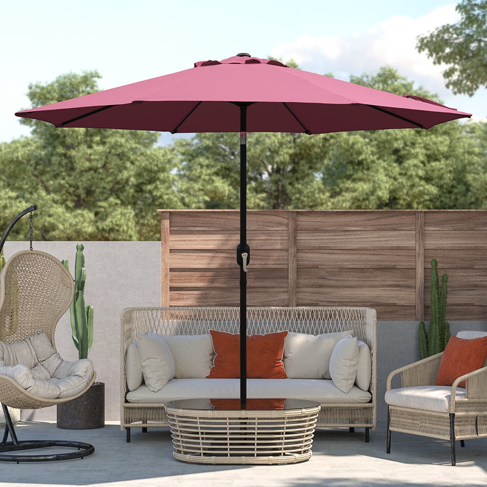 Kool Outdoor 9ft Patio Umbrella with Crank Handle and Push Button Tilt, Outdoor Market Umbrella with 8 Ribs - Burgundy