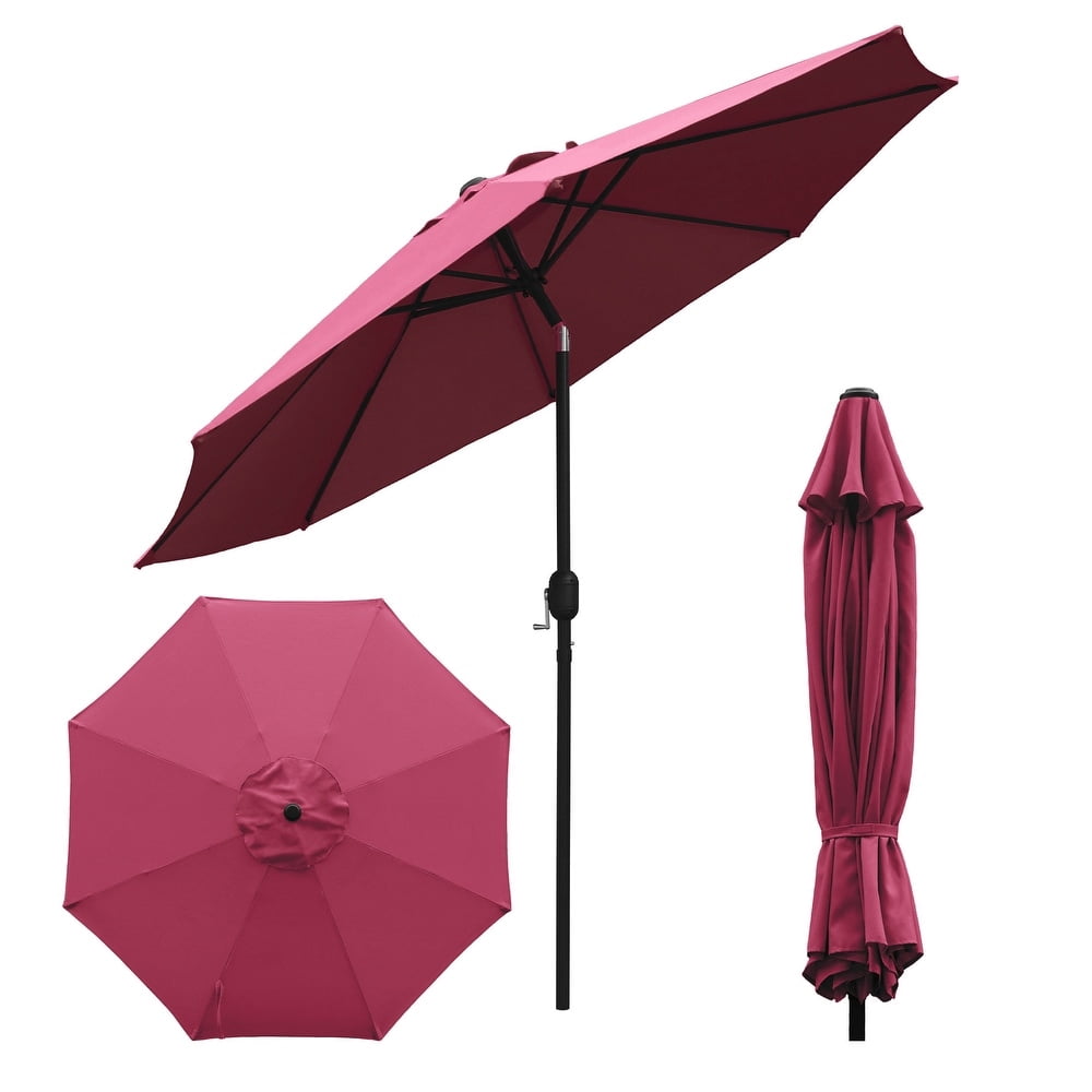 Abble Outdoor 9ft Patio Umbrella with Crank Handle and Push Button Tilt, Outdoor Market Umbrella with 8 Ribs for Garden, Deck, Backyard, Pool, Burgundy