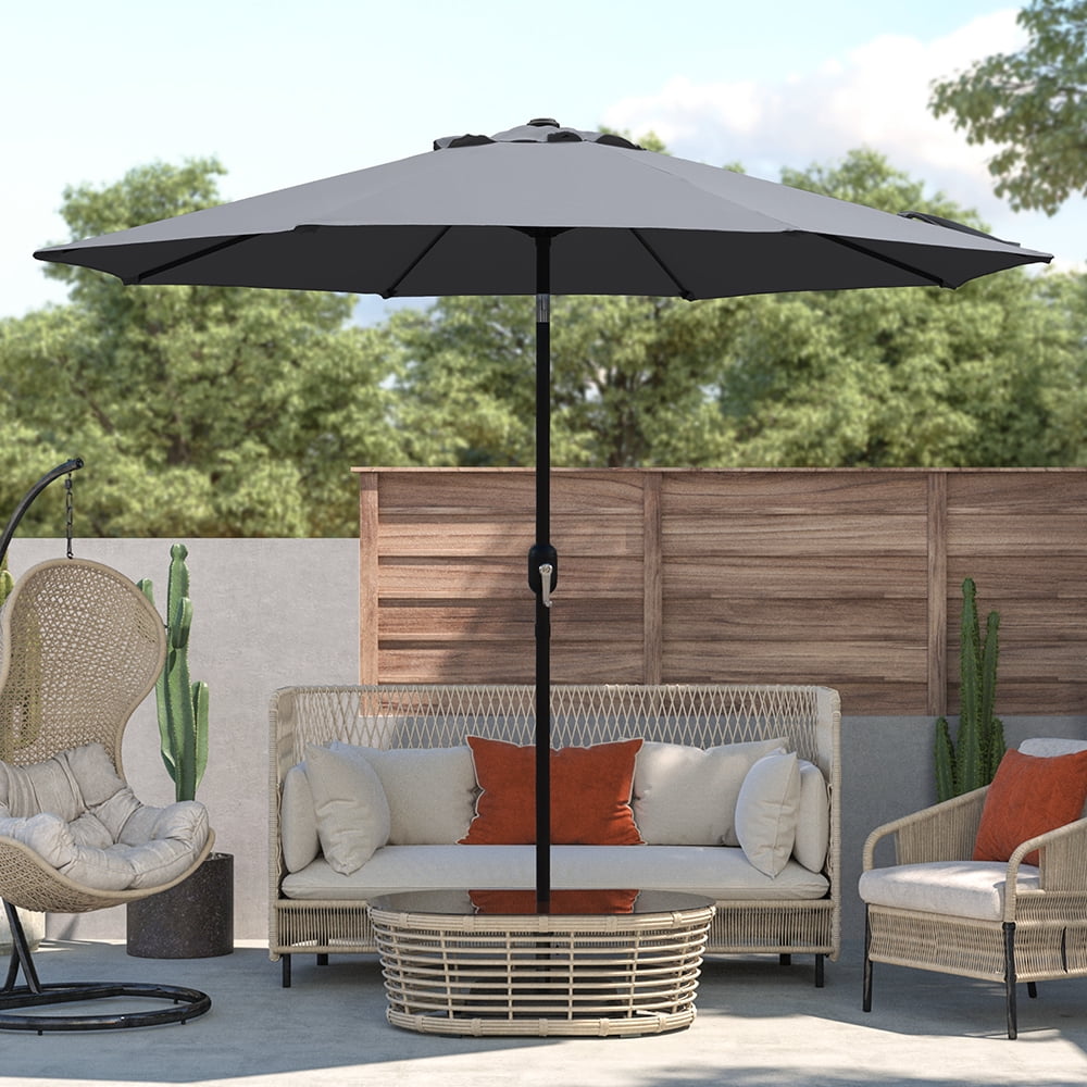 Kool Outdoor 9ft Patio Umbrella with Crank Handle and Push Button Tilt, Outdoor Market Umbrella with 8 Ribs - Dark Gray