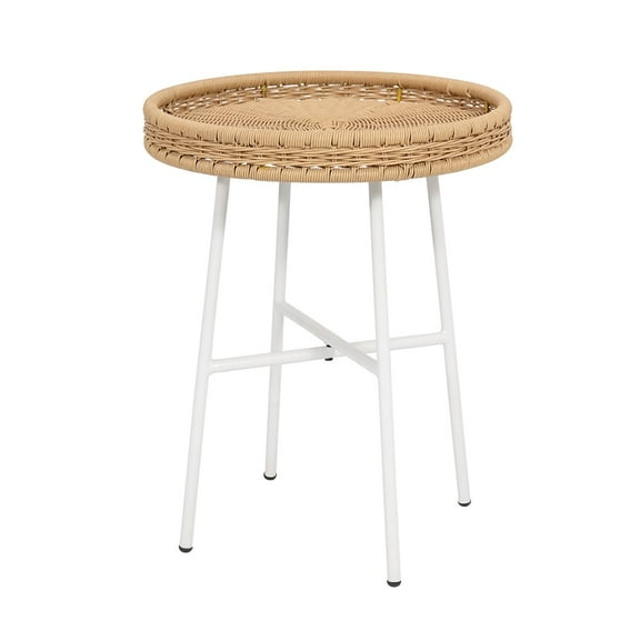 Abble Indoor Outdoor Side Tables, Wicker Small Round Metal End Table, Weather Resistant Rattan Accent Table for Patio, Yard, Balcony, Natural