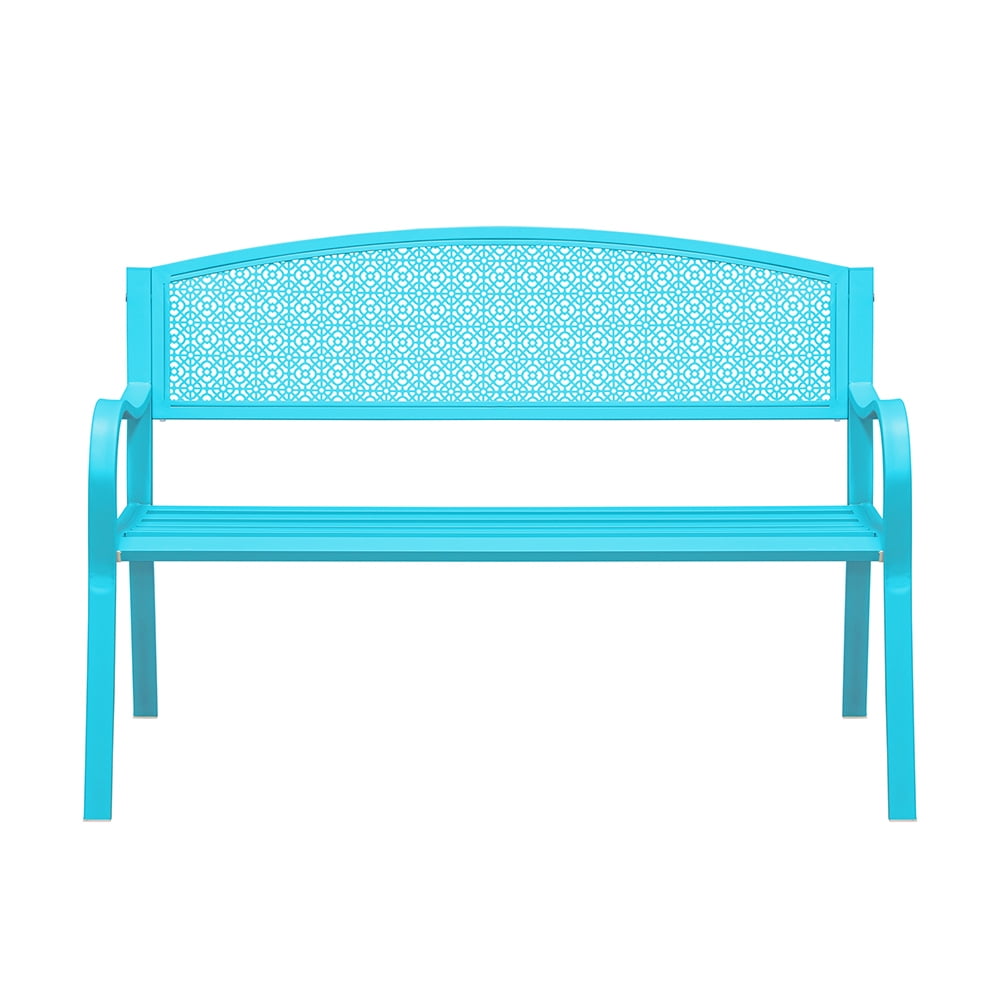 Abble High Back Outdoor Metal Garden Bench Steel Slat Patio Loveseat Park Bench for Porch Yard Lawn Patio Bench, Blue