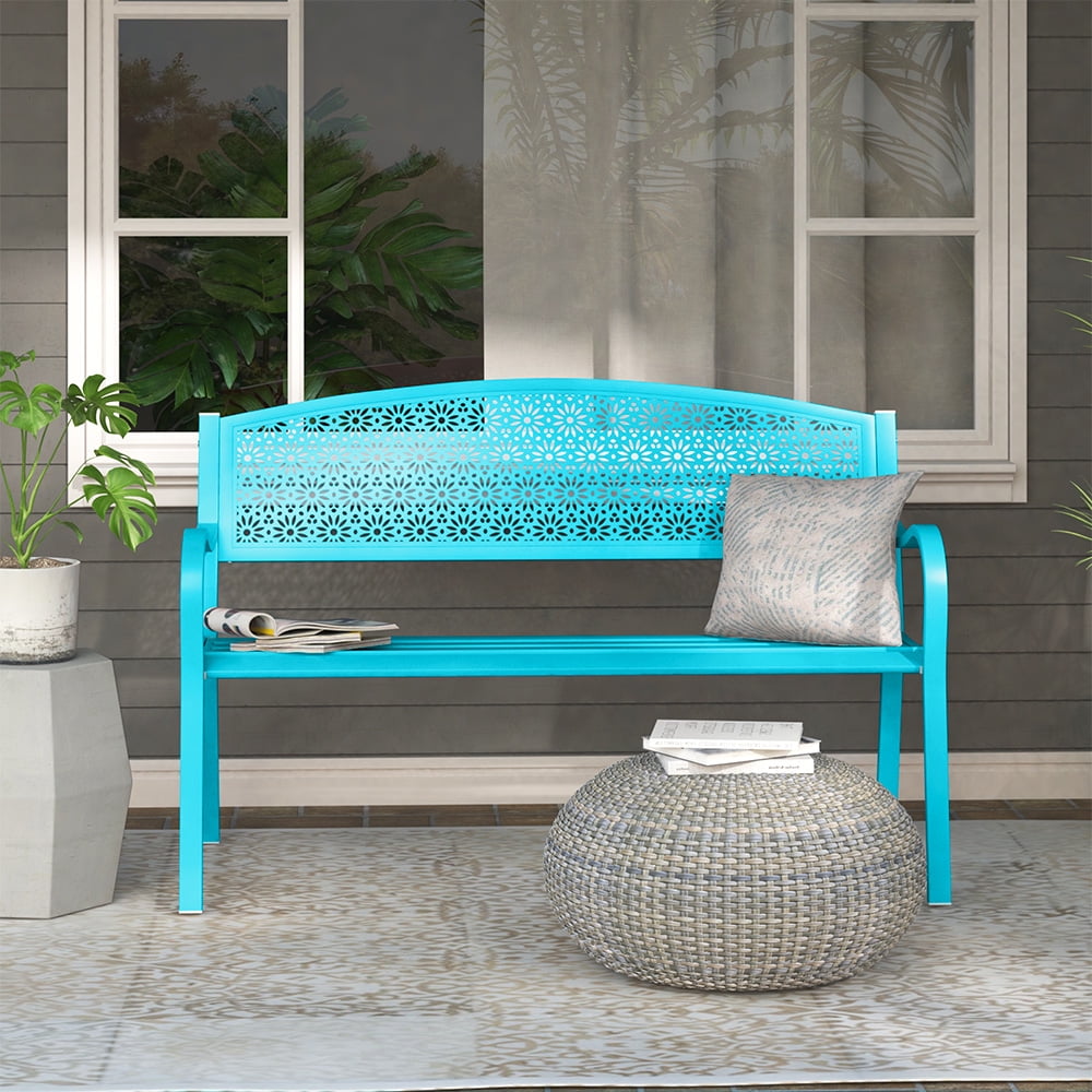 Abble Outdoor Metal Garden Bench Steel Patio Loveseat Park Bench - Blue