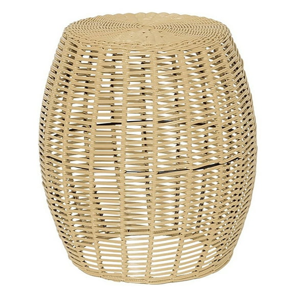 Abble Patio Side Table, Wicker Small Round Metal End Table, Rattan Accent Table for Outside Garden Stool, Outdoor Ottoman - Beige