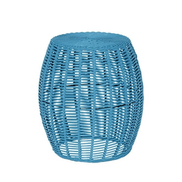 Abble Patio Side Table, Wicker Small Round Metal End Table, Rattan Accent Table for Outside Garden Stool, Outdoor Ottoman - Aqua Blue