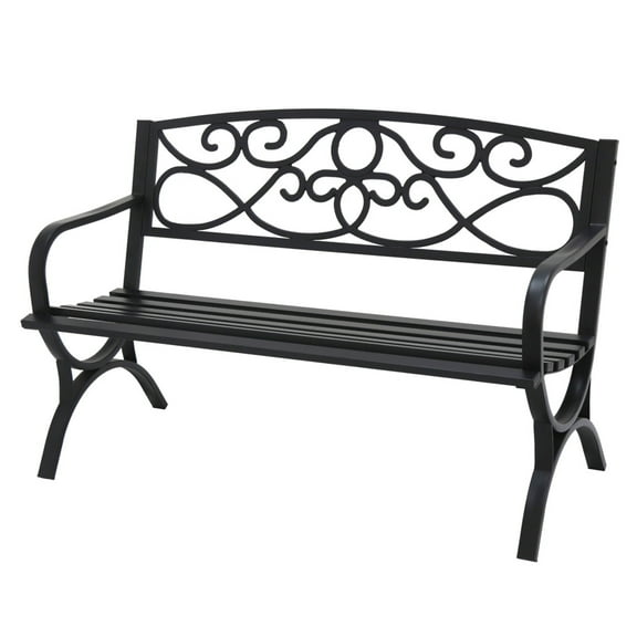 Abble Outdoor Steel Patio Bench, Cast Iron Scroll Back Garden Bench