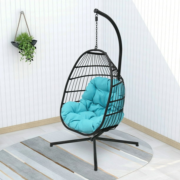 Abble Outdoor Wicker Hanging Basket Swing Chair with Cushion and Stand