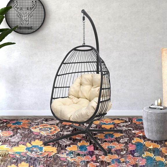 Abble Outdoor Wicker Hanging Basket Swing Chair with Cushion and Stand - Black & Beige
