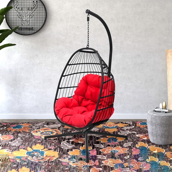 Abble Outdoor Wicker Hanging Basket Swing Chair with Cushion and Stand - Black & Red