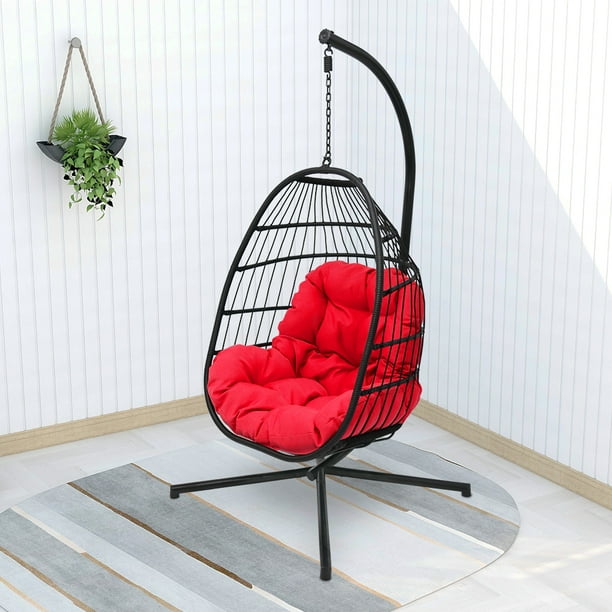 Abble Outdoor Wicker Hanging Basket Swing Chair with Cushion and Stand Black & Red