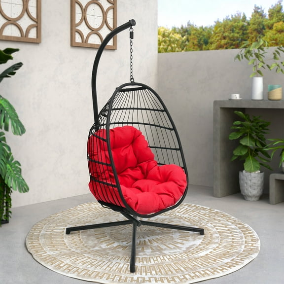 Abble Outdoor Wicker Hanging Basket Swing Chair with Cushion and Stand - Black & Red