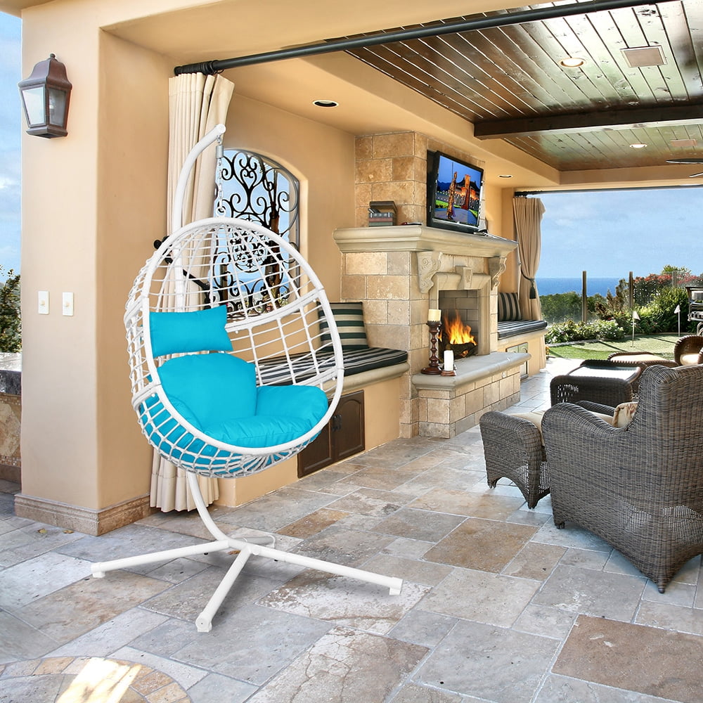 Abble Outdoor Wicker Hanging Basket Swing Chair with Cushion and Stand White & Auqa