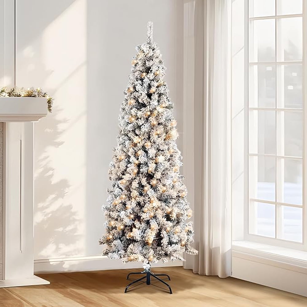Abble Pre-lit Snow Flocked Artificial Slim Pencil Christmas Tree - 6Ft
