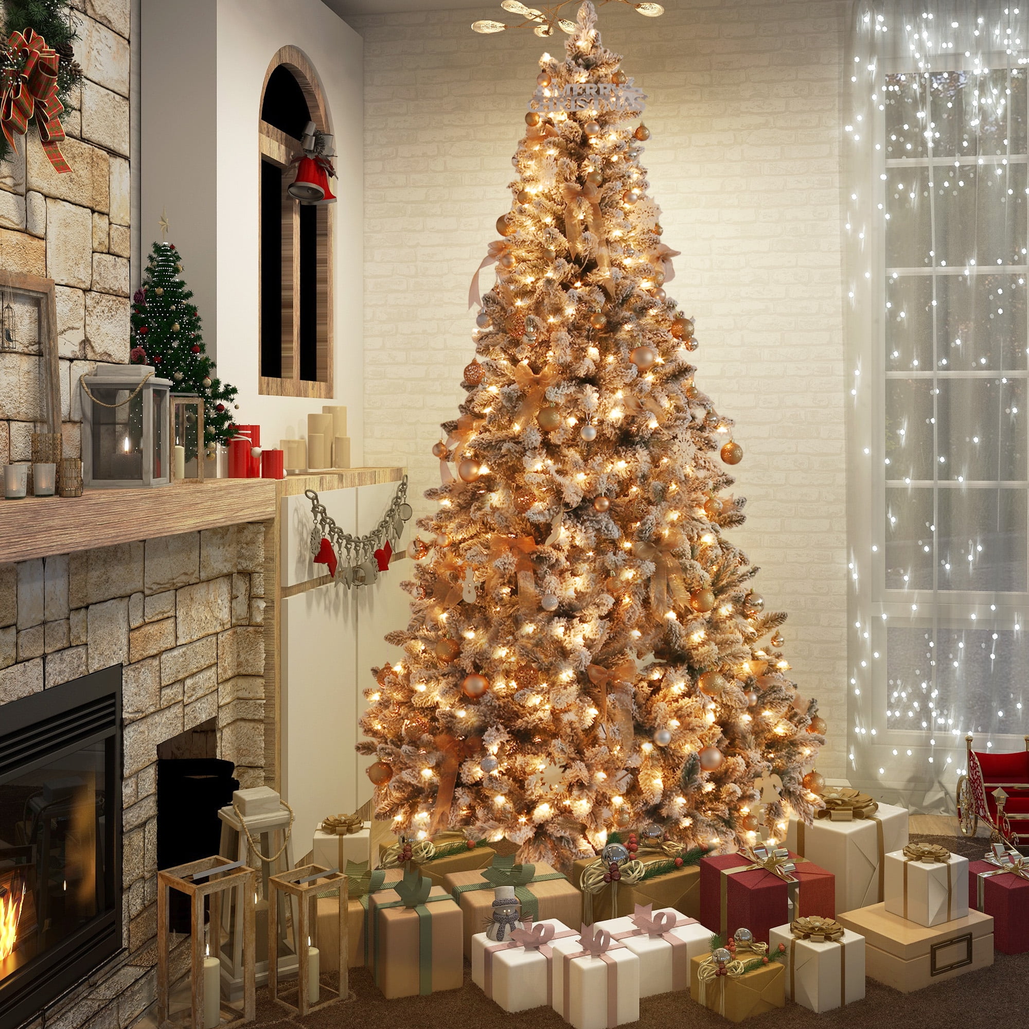 Abble 9ft Pre-Lit Premium Snow Flocked Hinged Artificial Christmas Tree with 700 Warm White LED Lights