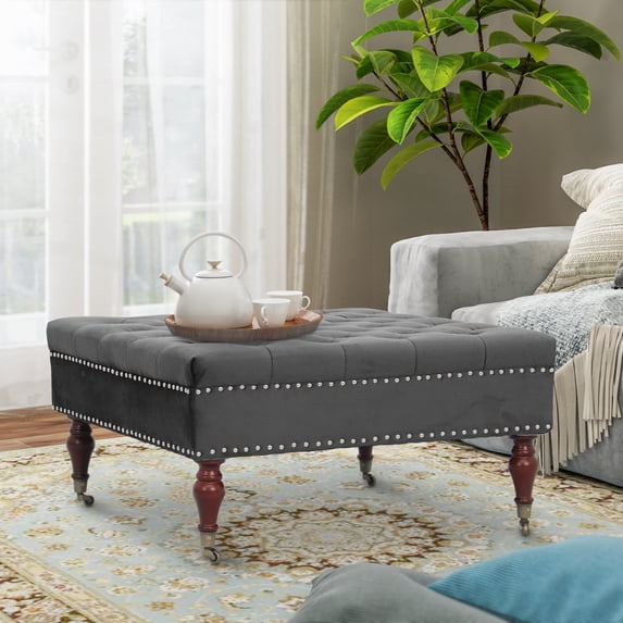 Abble Square Dark Gray Tufted Upholstered Cocktail Ottoman with Wheels
