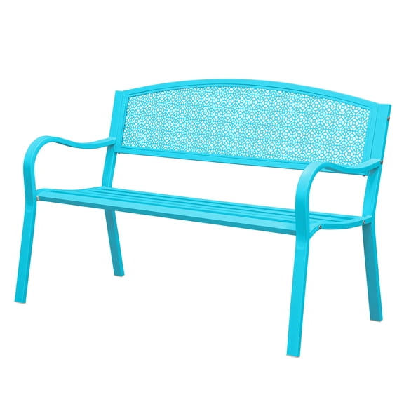 Kool 49in Outdoor Metal Garden Bench Steel Slat Patio Loveseat Park Bench for Porch Yard Lawn Patio Bench, Blue