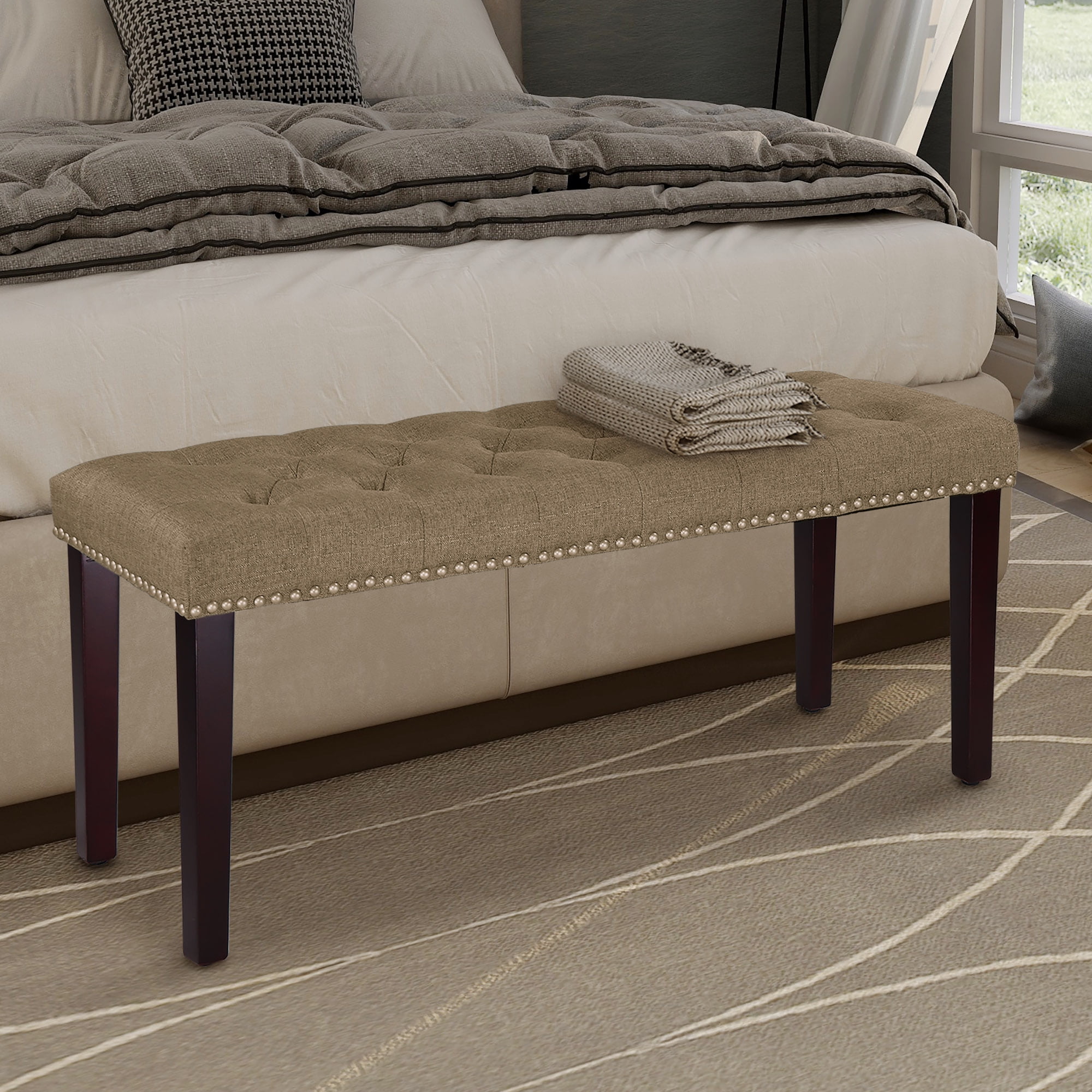 Abble Upholstered Wood Bench, Tan