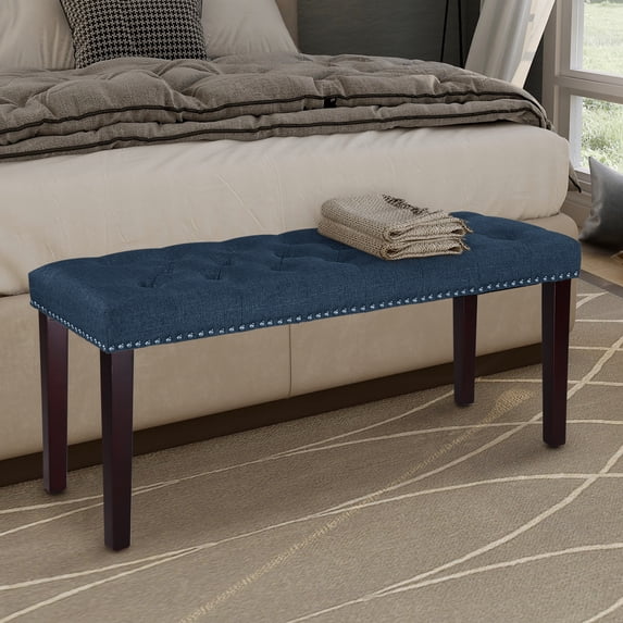 Abble W 37 in. x H 17.3 Denim Blue Upholstered Bench with Button-Tufted Seat