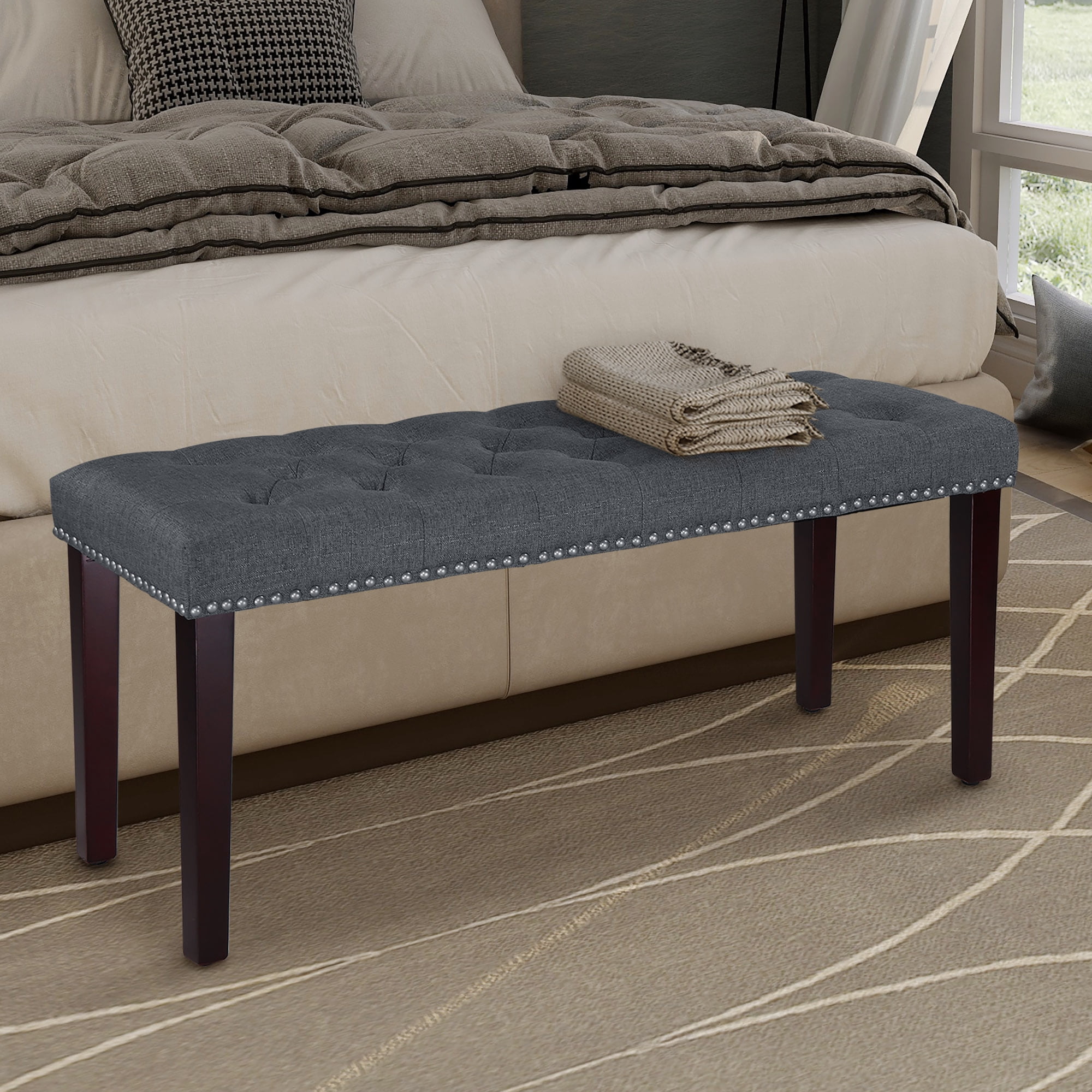 Abble W 37 in. x H 17.3 Gray Fabric Upholstered Bench with Button-Tufted Seat