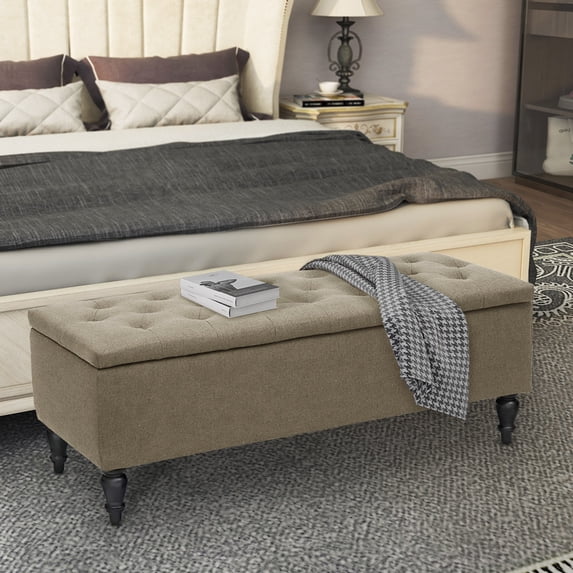 Abble W 45 in. x H 17.3 in. Beige Upholstered Storage Bench with Button-Tufted Seat
