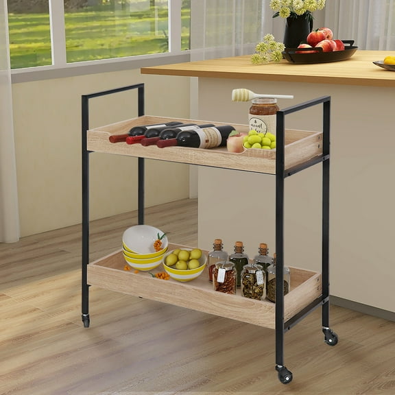Abble White Oak Manufactured Wood Kitchen Serving Cart Metal Bar Cart with Caster Wheels