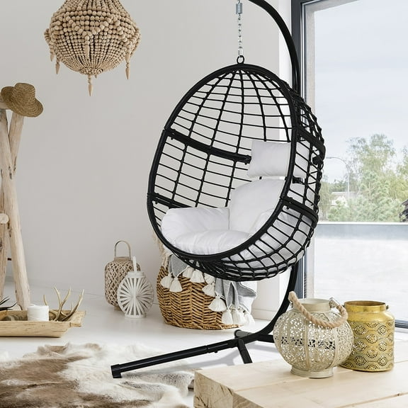 Abble Wicker Egg Hanging Chair with Cushion and Stand, Black/White
