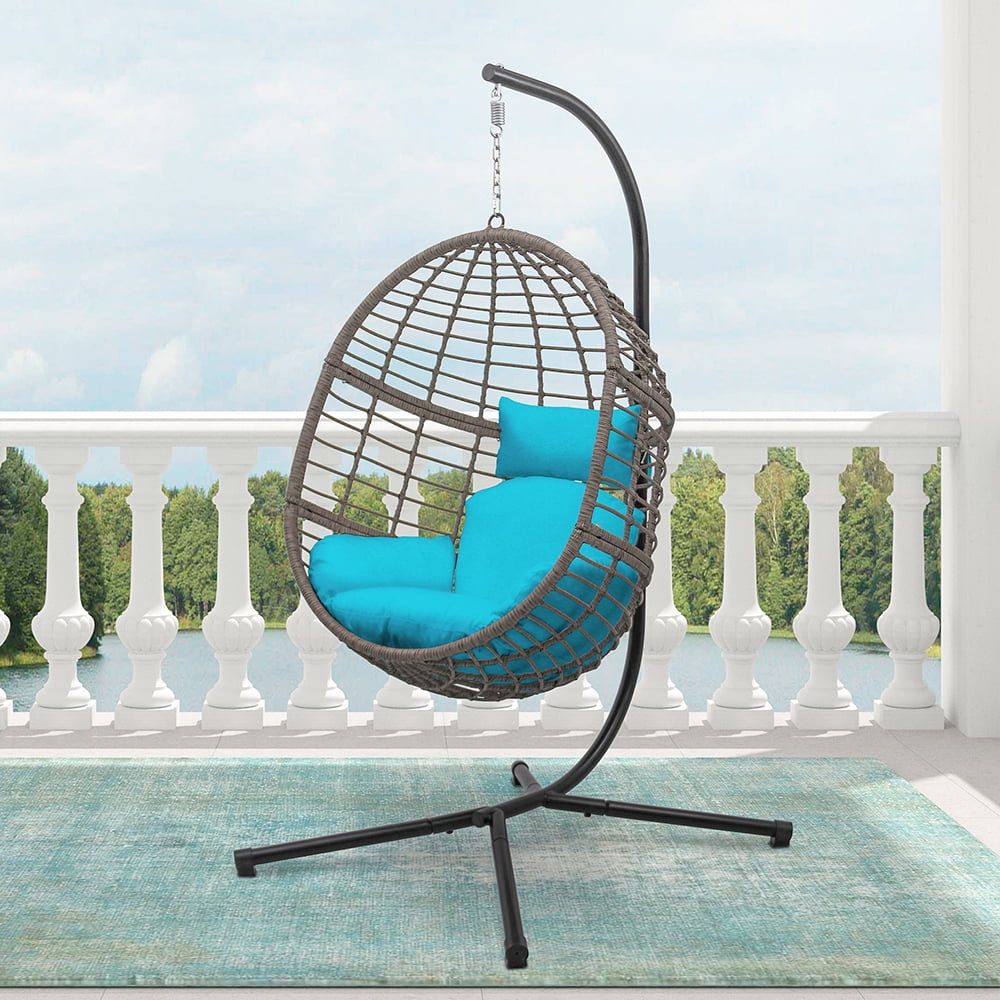 Abble Wicker Hanging Egg Chair with Cushion and Stand - Blue