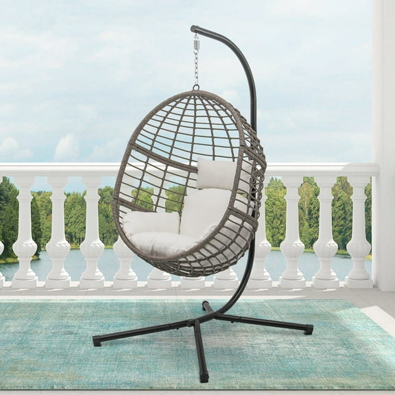 Abble Wicker Hanging Egg Chair with Cushion and Stand - White