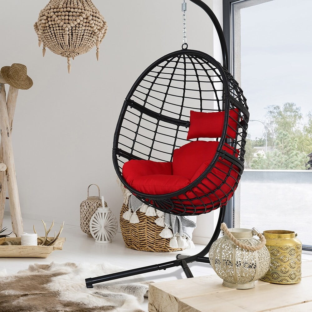 Abble Wicker Rattan Hanging Chair with Cushion and Stand