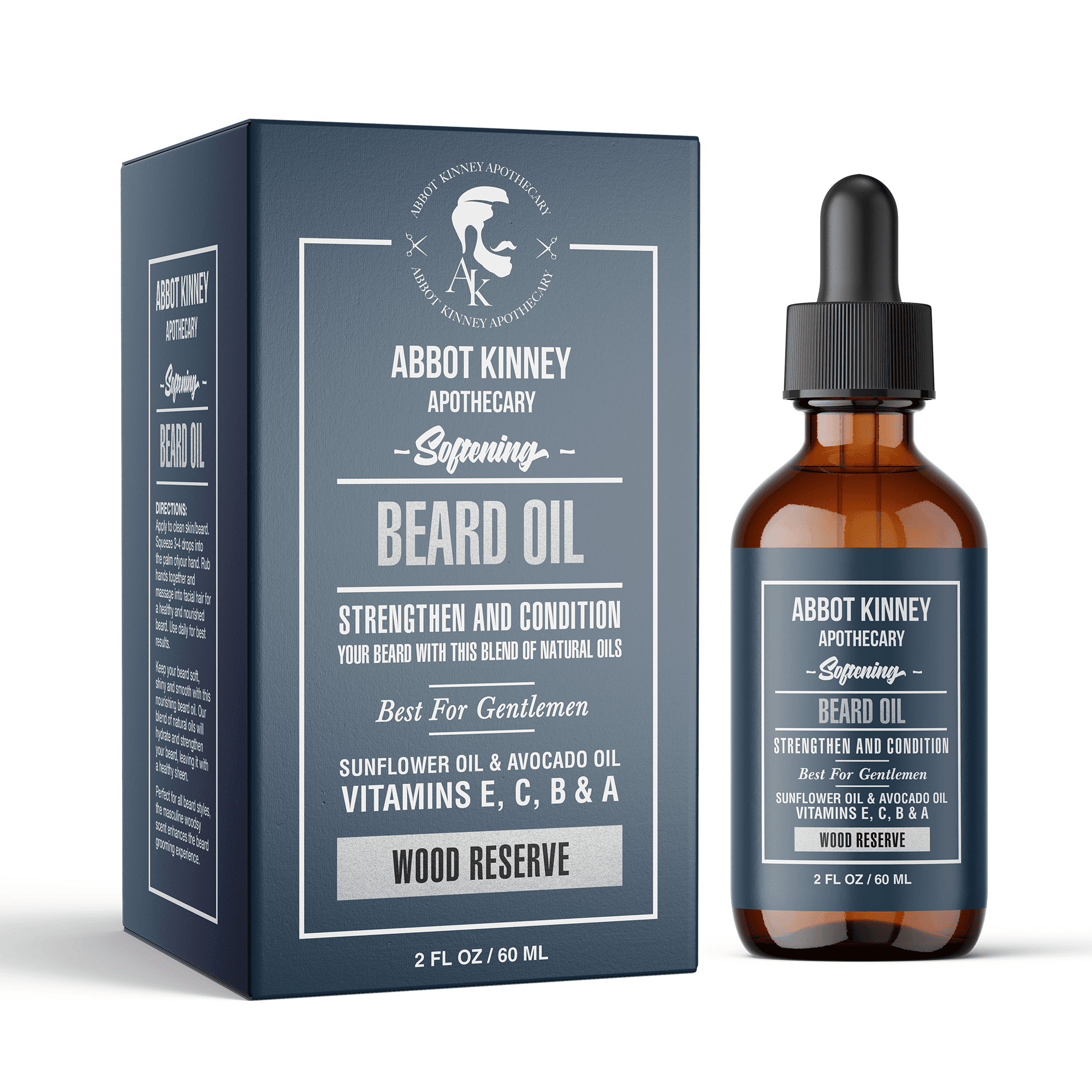 Abbot Kinney Apothecary Softening Beard and Mustache Oil, Strengthens and Conditions, Wood Reserve, 2oz