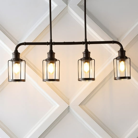 JONATHAN Y Abbott 34" 4-Light Farmhouse Industrial Iron/Glass Linear LED Pendant, Oil Rubbed Bronze/Clear