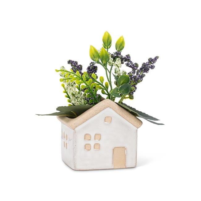 Mini House-Shaped Ceramic Planter with Peach Accents