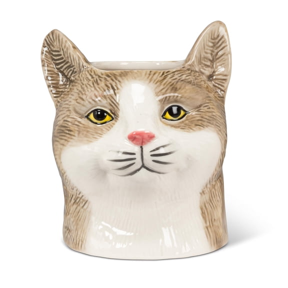 Abbott Collection Tabby Cat Planter, Medium, 5-Inch, Grey, Brown, Stoneware