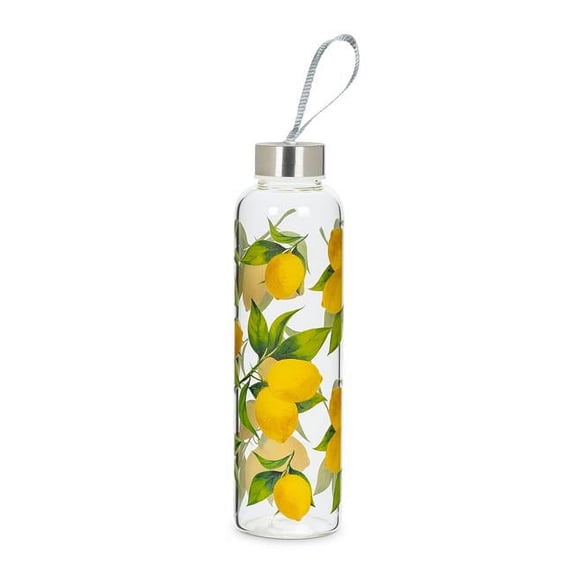Abbott Collections AB-27-AMALFI-BTL 9 in. Lemon Print with Strap & Cap Travel Bottle, Clear & Yellow