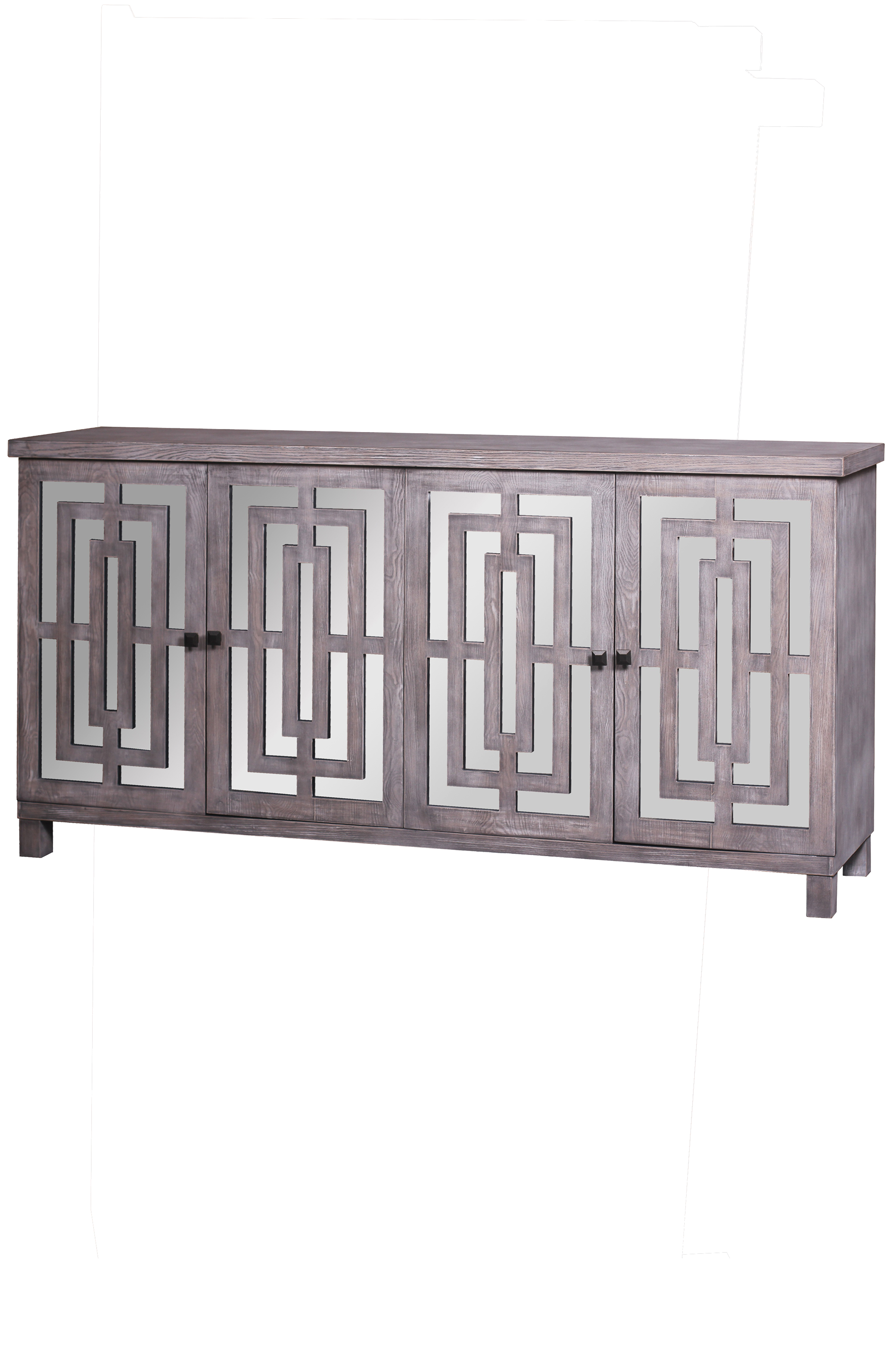 Abbott Sideboard - Gray Wash Finish On Hardwood With Plain Finish Beveled Mirror - 4 Door