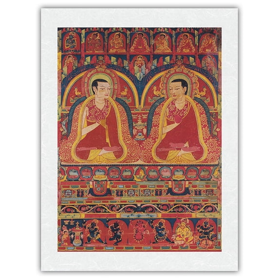 The Abbotts Of Taklung - Kagyu Lineage Masters - Vintage Tibetan Thangka Buddhist Painting - Tibet, 13th Century - Japanese Unryu Rice Paper Art Print (Unframed) 18 x 24 in