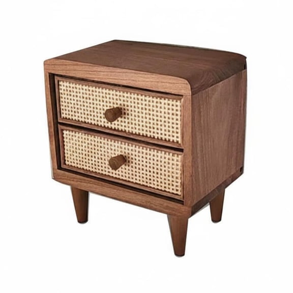 Abbraccia 1 Count Vintage Solid Wood Rattan Storage Box with Handwoven Cane Front and Two Drawers for Small Items on Bedside Table