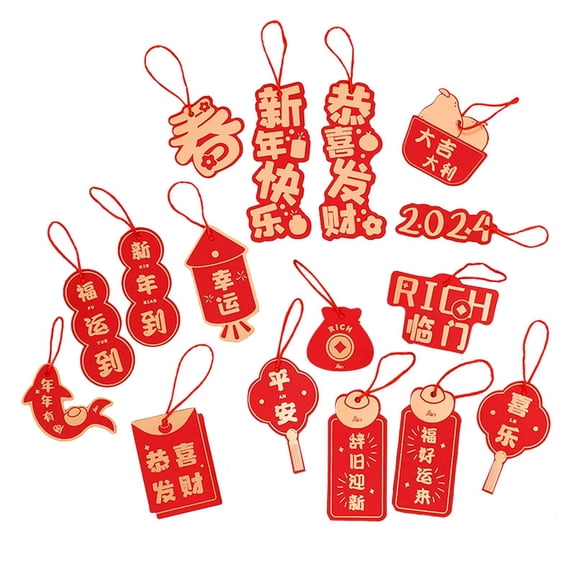 Abbraccia 16Pcs 2024 Chinese New Year Hanging Decorations, Blessing Chinese Characters ,Bonsai Pendants for Bedroom, Office Celebration A