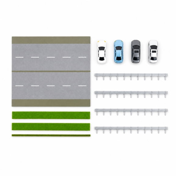 Abbraccia 180 Piece Road Scene Model Set with Guardrails and Miniature Cars for Hobbyists Collectors Diorama Building