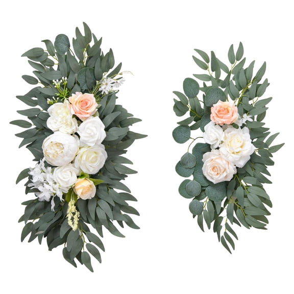 Abbraccia 2 Pieces Wedding Arch Flowers Green Leaves Faux Flower Swag Handmade Rustic Welcome Sign Decoration for Wall Reception Window White