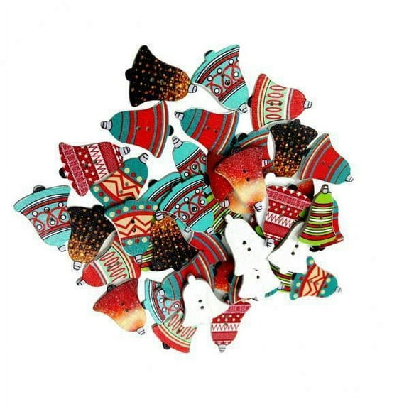 Abbraccia 2x50 Pieces Printed Christmas Bell Shape Wooden Buttons for Sewing Craft 25mm 2 Pcs