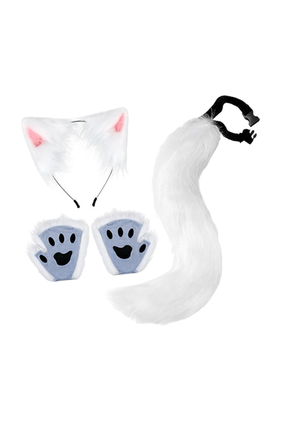 Animal Ears and Tail Set Cosplay Props Paw Gloves for Festival Stage Performance White