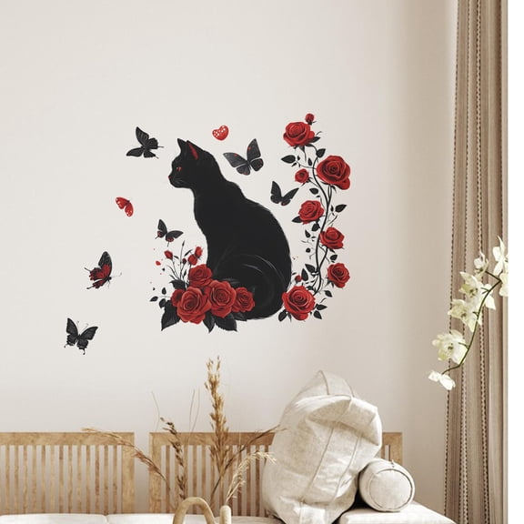Abbraccia Black Cat Rose Sticker Peel and Sticks Romantic Home Art Decor DIY Wall Decal for Bathroom TV Background Sofa Backdrop Bedroom
