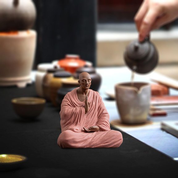 Abbraccia Buddha Statue Ceramic Young Monk Figurine Collectible Sculpture Handcrafted Modern Ornament for Desktop Suitable for Study Living Room Tea Table Home pink 8.5x6x10cm