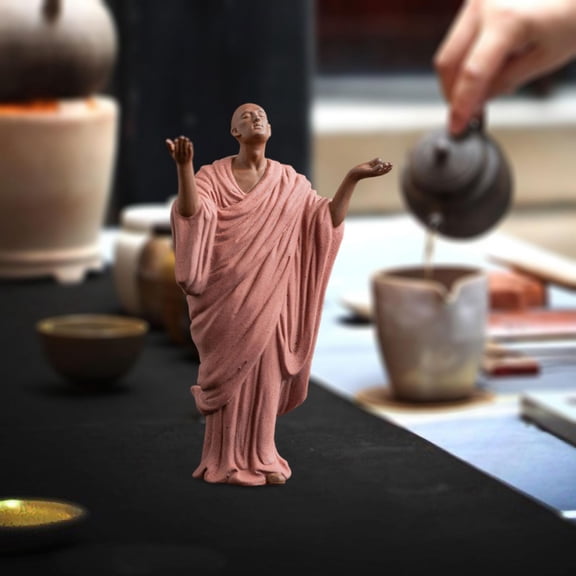 Abbraccia Buddha Statue Ceramic Young Monk Figurine Collectible Sculpture Handcrafted Modern Ornament for Desktop Suitable for Study Living Room Tea Table Home pink 10.5x6x17.5cm